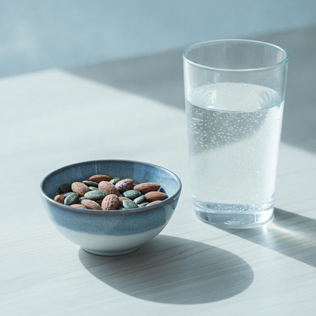 Manteleja ja kurpitsansiemeniä keraamisissa kulhoissa puupöydällä, B-vitamiinien lähteet